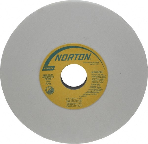 Norton - 7" Diam x 1-1/4" Hole x 1/2" Thick, K Hardness, 120 Grit Surface Grinding Wheel - Aluminum Oxide, Type 1, Fine Grade, 3,600 Max RPM, Vitrified Bond, No Recess - Exact Tooling