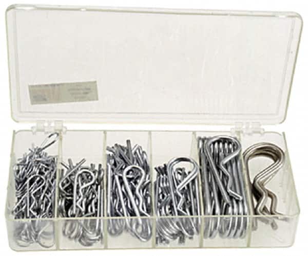 Precision Brand - 150 Piece, 1/16 to 3/16" Pin Diam, Hitch Pin Assortment - 1-9/16 to 3-1/4" Long, Steel - Exact Tooling