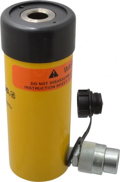 Enerpac - 12 Ton, 3" Stroke, 8.29 Cu In Oil Capacity, Portable Hydraulic Hollow Hole Cylinder - 2.76 Sq In Effective Area, 7.25" Lowered Ht., 10.25" Max Ht., 2.13" Cyl Bore Diam, 1.38" Plunger Rod Diam, 10,000 Max psi - Exact Tooling
