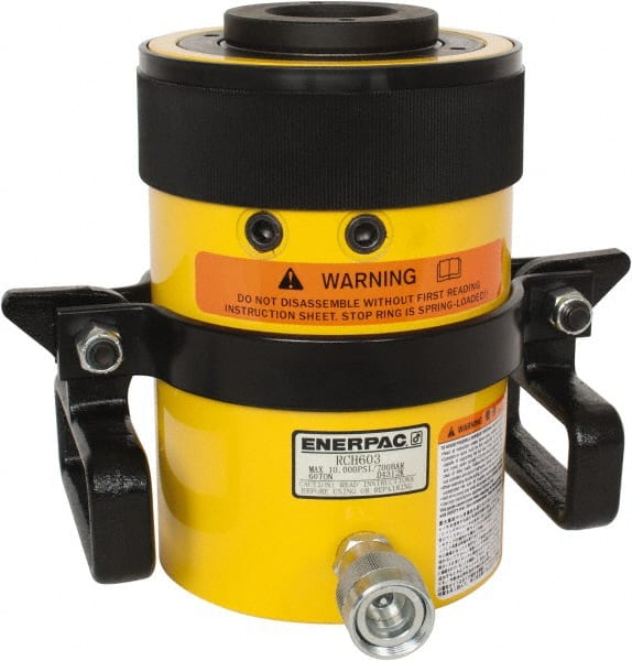Enerpac - 60 Ton, 3" Stroke, 38.2 Cu In Oil Capacity, Portable Hydraulic Hollow Hole Cylinder - 12.73 Sq In Effective Area, 9.75" Lowered Ht., 12.75" Max Ht., 4.88" Cyl Bore Diam, 3.63" Plunger Rod Diam, 10,000 Max psi - Exact Tooling