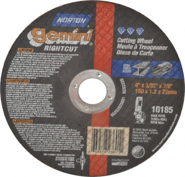 Norton - 6" Aluminum Oxide Cutoff Wheel - 3/32" Thick, 7/8" Arbor, 10,185 Max RPM, Use with Angle Grinders - Exact Tooling