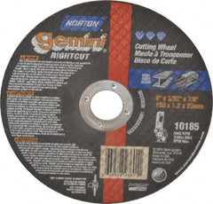Norton - 6" Aluminum Oxide Cutoff Wheel - 3/32" Thick, 7/8" Arbor, 10,185 Max RPM, Use with Angle Grinders - Exact Tooling