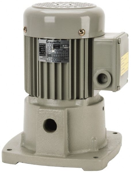 Graymills - 230/460 Volt, 1/2 hp, 3 Phase, 3,450 RPM, Cast Iron Suction Machine Tool & Recirculating Pump - 32 GPM, 3/4" Inlet, 42 psi, 8-1/2" Long x 7-3/8" Mounting Flange Width, 11-1/32" Overall Height, Metric Thread, Aluminum Impeller - Exact Tooling