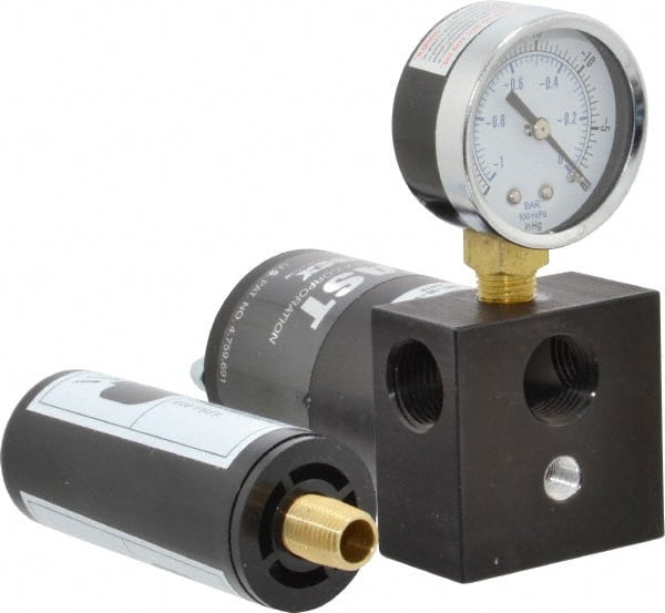 Gast - 6.8 CFM Open Flow Venturi Single Stage Vacuum Generator - 1/2 FPT Vacuum Port, 27 In/Hg Max Vacuum Pressure, 68 Max psi, 2.7 CFM Air Consumption & 8.21" Length x 3" Wide x 4.90" High - Exact Tooling