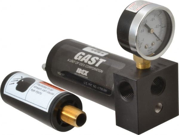 Gast - 12 CFM Open Flow Venturi Single Stage Vacuum Generator - 1/2 FPT Vacuum Port, 27 In/Hg Max Vacuum Pressure, 68 Max psi, 4.9 CFM Air Consumption & 8.64" Length x 3" Wide x 4.90" High - Exact Tooling