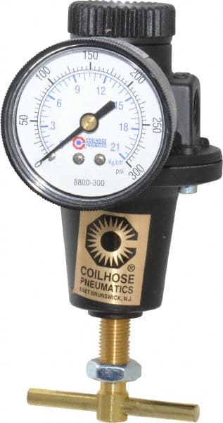 Coilhose Pneumatics - 1/4 NPT Port, 40 CFM, Cast Aluminum Heavy-Duty T-Handle Regulator - 0 to 200 psi Range, 250 Max psi Supply Pressure, 1/4" Gauge Port Thread, 3" Wide x 5-1/2" High - Exact Tooling