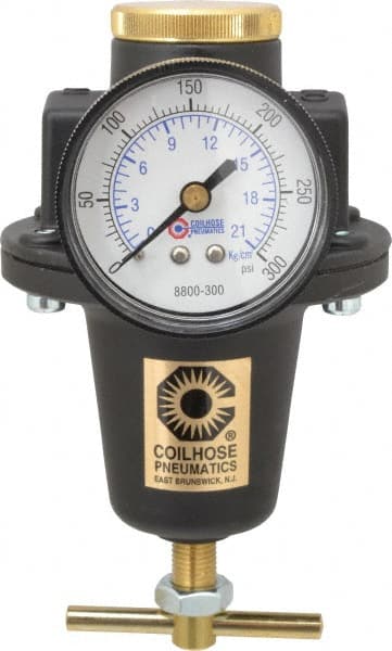 Coilhose Pneumatics - 1/2 NPT Port, 80 CFM, Cast Aluminum Heavy-Duty T-Handle Regulator - 0 to 200 psi Range, 250 Max psi Supply Pressure, 1/4" Gauge Port Thread, 4" Wide x 7" High - Exact Tooling