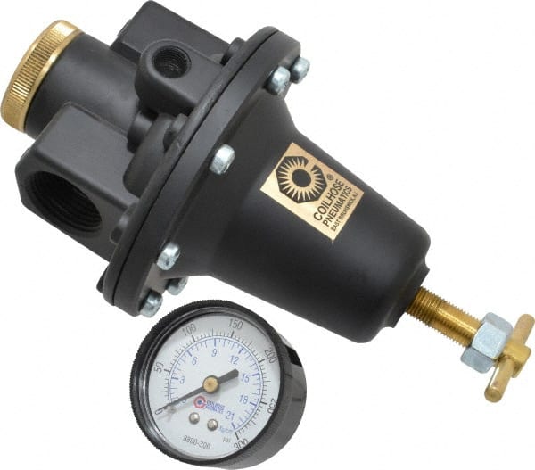 Coilhose Pneumatics - 1 NPT Port, 160 CFM, Cast Aluminum Heavy-Duty T-Handle Regulator - 0 to 200 psi Range, 250 Max psi Supply Pressure, 1/4" Gauge Port Thread, 5" Wide x 8-1/2" High - Exact Tooling