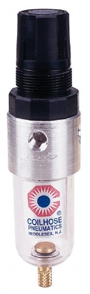 Coilhose Pneumatics - 1/4" NPT Port Miniature 1 Piece Filter/Regulator FRL Unit - Polycarbonate Bowl, 25 SCFM, 150 Max psi, 4" High, Manual Drain - Exact Tooling