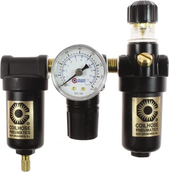 Coilhose Pneumatics - 1/8" NPT Port Miniature 3 Piece Filter-Regulator-Lubricator FRL Unit - Metal Bowl, 25 SCFM, 250 Max psi, 6.125" High, Manual Drain - Exact Tooling