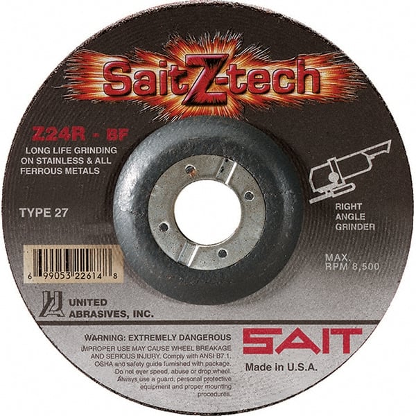 Sait - 24 Grit, 7" Wheel Diam, 1/4" Wheel Thickness, 7/8" Arbor Hole, Type 27 Depressed Center Wheel - Zirconia Alumina, Resinoid Bond, R Hardness, 8,500 Max RPM, Compatible with Angle Grinder - Exact Tooling