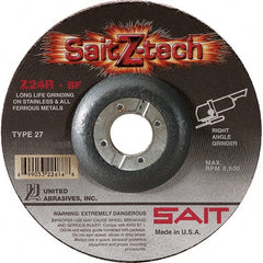 Sait - 24 Grit, 4-1/2" Wheel Diam, 1/4" Wheel Thickness, 7/8" Arbor Hole, Type 27 Depressed Center Wheel - Zirconia Alumina, Resinoid Bond, R Hardness, 13,300 Max RPM, Compatible with Angle Grinder - Exact Tooling