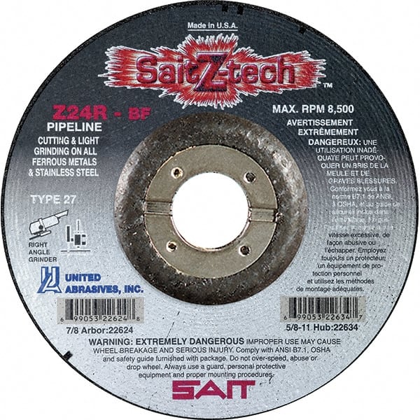 Sait - 24 Grit, 7" Wheel Diam, 1/8" Wheel Thickness, 7/8" Arbor Hole, Type 27 Depressed Center Wheel - Zirconia Alumina, Resinoid Bond, R Hardness, 8,500 Max RPM, Compatible with Angle Grinder - Exact Tooling