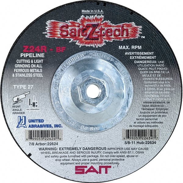 Sait - 24 Grit, 4-1/2" Wheel Diam, 1/8" Wheel Thickness, Type 27 Depressed Center Wheel - Zirconia Alumina, Resinoid Bond, R Hardness, 13,300 Max RPM, Compatible with Angle Grinder - Exact Tooling
