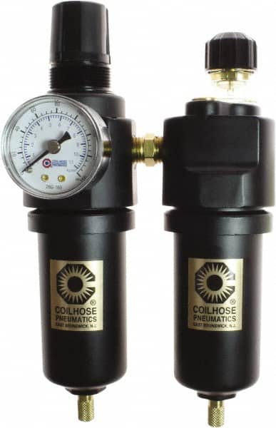 Coilhose Pneumatics - 1/4" NPT Port Compact 3 Piece Filter-Regulator-Lubricator FRL Unit - Zinc Bowl, 48 SCFM, 250 Max psi, 6.5" High, Automatic Drain - Exact Tooling