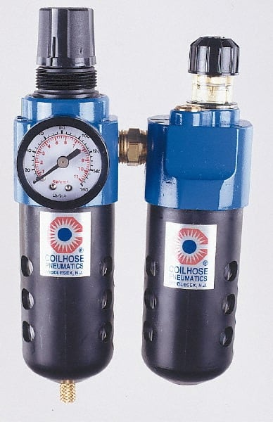 Coilhose Pneumatics - 3/8" NPT Port Standard 2 Piece Filter/Regulator-Lubricator FRL Unit - Polycarbonate Bowl, 102 SCFM, 150 Max psi, 10.5" High, Manual Drain - Exact Tooling