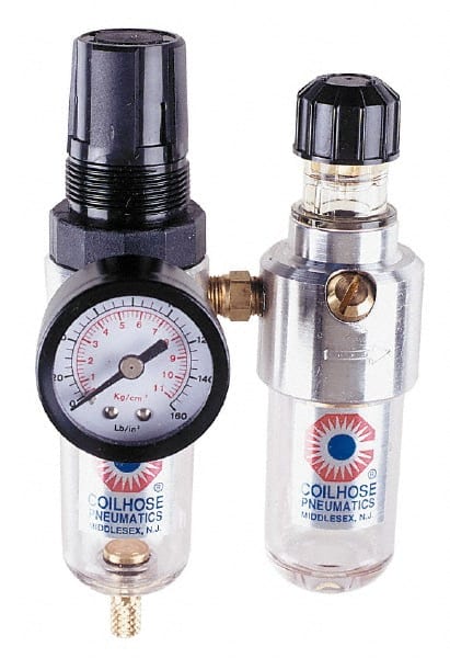 Coilhose Pneumatics - 1/8" NPT Port Miniature 2 Piece Filter/Regulator-Lubricator FRL Unit - Polycarbonate Bowl, 25 SCFM, 150 Max psi, 6" High, Manual Drain - Exact Tooling