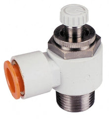 SMC PNEUMATICS - 3/8" Tube OD x 1/2" Male NPT Flow Control Offset Inline Valve - Meter Out - Exact Tooling