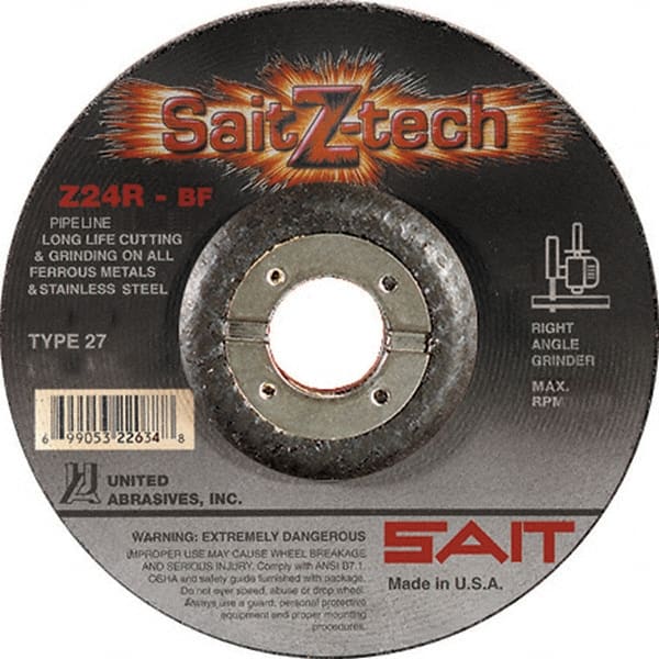 Sait - 24 Grit, 6" Wheel Diam, 3/32" Wheel Thickness, 7/8" Arbor Hole, Type 27 Depressed Center Wheel - Zirconia Alumina, Resinoid Bond, R Hardness, 10,200 Max RPM, Compatible with Angle Grinder - Exact Tooling