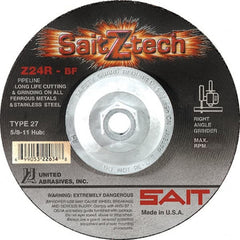 Sait - 24 Grit, 6" Wheel Diam, 3/32" Wheel Thickness, Type 27 Depressed Center Wheel - Zirconia Alumina, Resinoid Bond, R Hardness, 10,200 Max RPM, Compatible with Angle Grinder - Exact Tooling