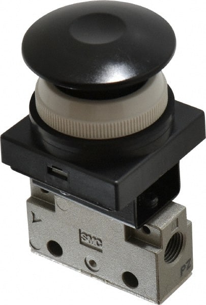 SMC PNEUMATICS - 0.14 CV Rate, 1/8" NPT Inlet Mechanical Valve - 3 Way, 2 Ports, Push Button Mushroom - Exact Tooling