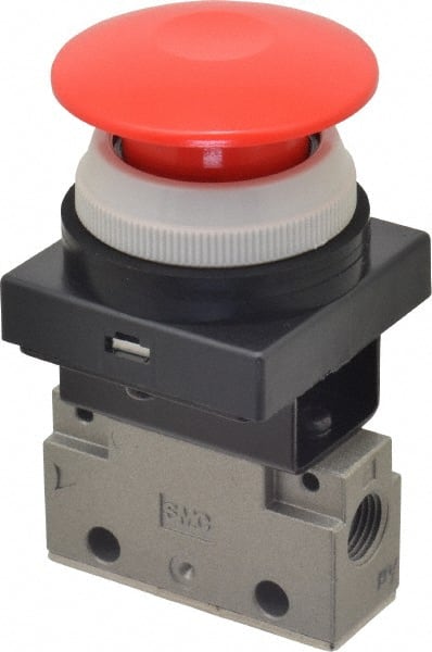SMC PNEUMATICS - 0.14 CV Rate, 1/8" NPT Inlet Mechanical Valve - 3 Way, 2 Ports, Push Button Mushroom - Exact Tooling