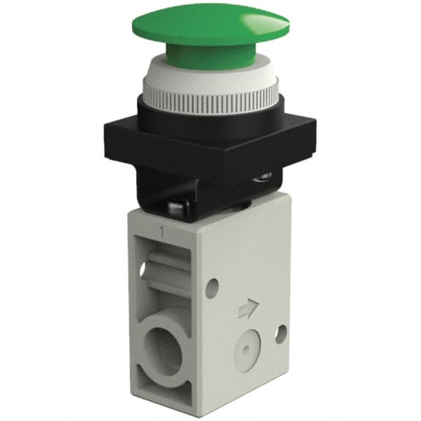 SMC PNEUMATICS - 1.00 CV Rate, 1/4" NPT Inlet Mechanical Valve - 3 Way, 2 Ports, Push Button Mushroom - Exact Tooling