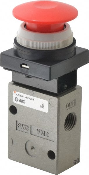 SMC PNEUMATICS - 1.00 CV Rate, 1/4" NPT Inlet Mechanical Valve - 3 Way, 2 Ports, Push Button Mushroom - Exact Tooling