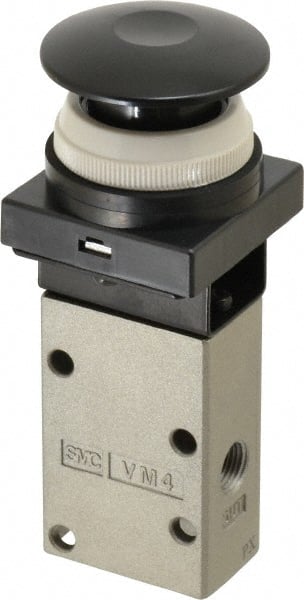 SMC PNEUMATICS - 0.38 CV Rate, 1/4" NPT Inlet Mechanical Valve - 3 Way, 3 Ports, Push Button Mushroom - Exact Tooling