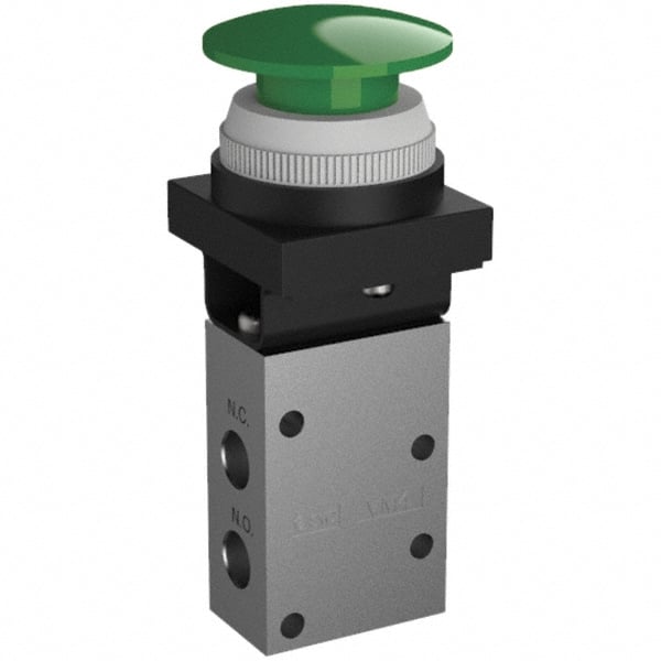 SMC PNEUMATICS - 0.38 CV Rate, 1/4" NPT Inlet Mechanical Valve - 3 Way, 3 Ports, Push Button Mushroom - Exact Tooling