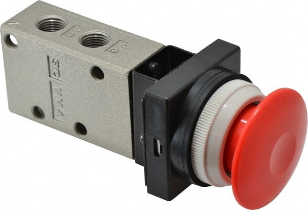 SMC PNEUMATICS - 0.38 CV Rate, 1/4" NPT Inlet Mechanical Valve - 3 Way, 3 Ports, Push Button Mushroom - Exact Tooling