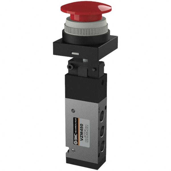 SMC PNEUMATICS - 0.55 CV Rate, 1/8" NPT Inlet Mechanical Valve - 4 Way, 5 Ports, Push Button Mushroom - Exact Tooling