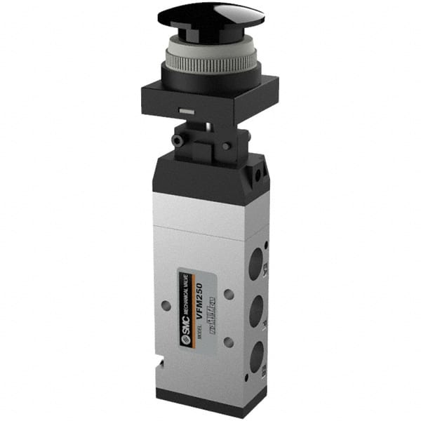 SMC PNEUMATICS - 1.00 CV Rate, 1/4" NPT Inlet Mechanical Valve - 4 Way, 5 Ports, Push Button Mushroom - Exact Tooling