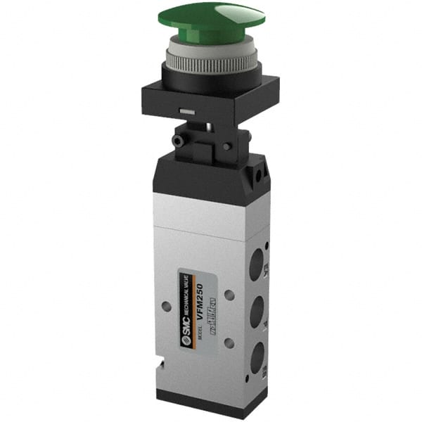 SMC PNEUMATICS - 1.00 CV Rate, 1/4" NPT Inlet Mechanical Valve - 4 Way, 5 Ports, Push Button Mushroom - Exact Tooling