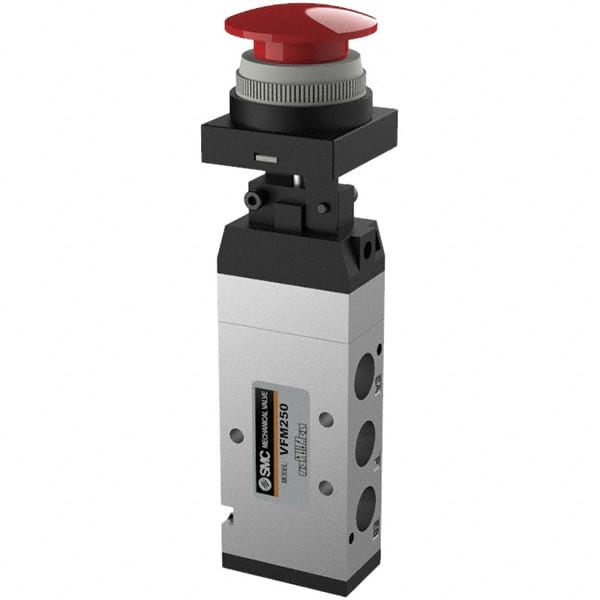 SMC PNEUMATICS - 1.00 CV Rate, 1/4" NPT Inlet Mechanical Valve - 4 Way, 5 Ports, Push Button Mushroom - Exact Tooling