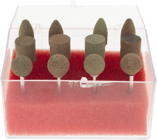 Grier Abrasives - 12 Piece Aluminum Oxide Rubber Rubber Mounted Abrasive Wheel Set - Includes Mounted Wheels with 1/8" Diam x 1-1/2" Long Shank - Exact Tooling