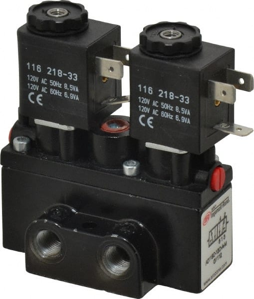 ARO/Ingersoll-Rand - 1/8" Inlet x 1/8" Outlet, Solenoid Actuator, Solenoid Return, 2 Position, Body Ported Solenoid Air Valve - 120 VAC Input, 32 CFM, 0.9 CV, 4 Way, 150 psi, 3-1/2" Long x 1-15/16" Wide x 3-1/4" High, 0 to 180°F - Exact Tooling