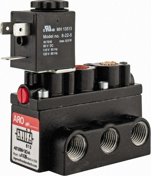 ARO/Ingersoll-Rand - 1/4" Inlet x 1/4" Outlet, Solenoid Actuator, Spring Return, 2 Position, Body Ported Solenoid Air Valve - 120 VAC Input, 54 CFM, 1.5 CV, 4 Way, 150 psi, 2-15/16" Long x 1-15/16" Wide x 1-15/16" High, 0 to 180°F - Exact Tooling