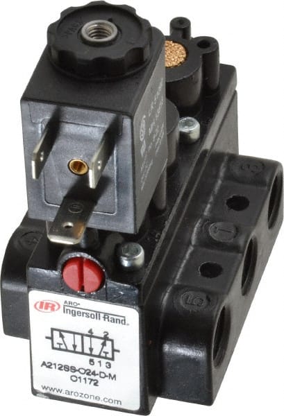ARO/Ingersoll-Rand - 1/4" Inlet x 1/4" Outlet, Solenoid Actuator, Spring Return, 2 Position, Body Ported Solenoid Air Valve - 24 VDC Input, 54 CFM, 1.5 CV, 4 Way, 150 psi, 2-15/16" Long x 1-15/16" Wide x 1-15/16" High, 0 to 180°F - Exact Tooling