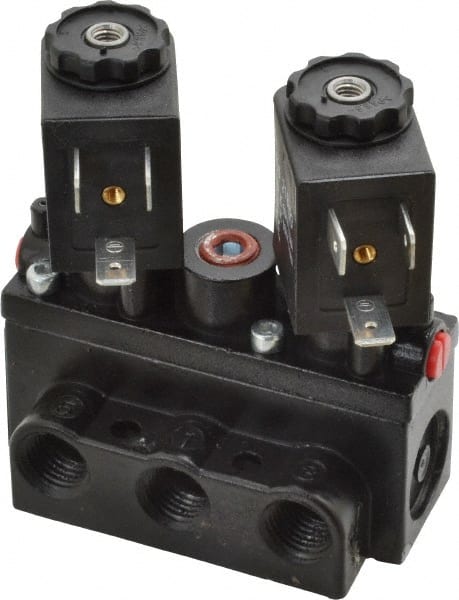 ARO/Ingersoll-Rand - 1/4" Inlet x 1/4" Outlet, Solenoid Actuator, Solenoid Return, 3 Position, Body Ported Solenoid Air Valve - 120 VAC Input, 32 CFM, 0.9 CV, 4 Way, 150 psi, 2-15/16" Long x 1-15/16" Wide x 1-13/16" High, 0 to 180°F - Exact Tooling