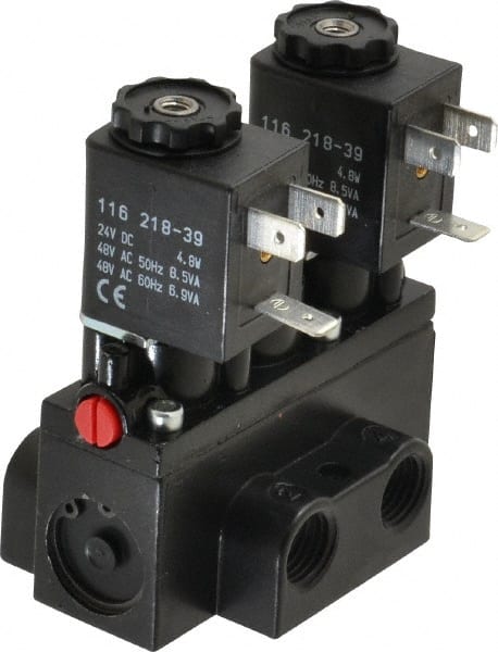ARO/Ingersoll-Rand - 1/4" Inlet x 1/4" Outlet, Solenoid Actuator, Solenoid Return, 3 Position, Body Ported Solenoid Air Valve - 24 VDC Input, 32 CFM, 0.9 CV, 4 Way, 150 psi, 2-15/16" Long x 1-15/16" Wide x 1-13/16" High, 0 to 180°F - Exact Tooling