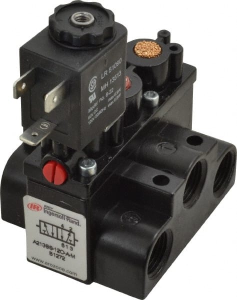 ARO/Ingersoll-Rand - 3/8" Inlet x 3/8" Outlet, Solenoid Actuator, Spring Return, 2 Position, Body Ported Solenoid Air Valve - 120 VAC Input, 63 CFM, 1.7 CV, 4 Way, 150 psi, 3-1/2" Long x '2-1/2" Wide x 3-5/8" High, 0 to 180°F - Exact Tooling
