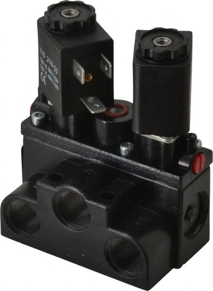 ARO/Ingersoll-Rand - 3/8" Inlet x 3/8" Outlet, Solenoid Actuator, Solenoid Return, 2 Position, Body Ported Solenoid Air Valve - 120 VAC Input, 63 CFM, 1.7 CV, 4 Way, 150 psi, 4" Long x '2-1/2" Wide x 3-5/8" High, 0 to 180°F - Exact Tooling