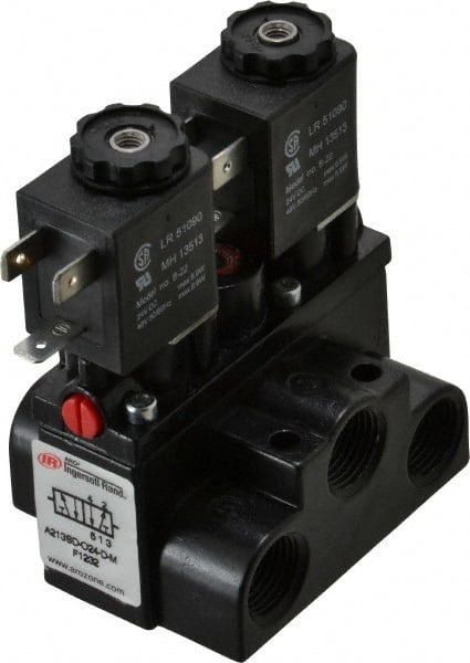 ARO/Ingersoll-Rand - 3/8" Inlet x 3/8" Outlet, Solenoid Actuator, Solenoid Return, 2 Position, Body Ported Solenoid Air Valve - 24 VDC Input, 63 CFM, 1.7 CV, 4 Way, 150 psi, 4" Long x '2-1/2" Wide x 3-5/8" High, 0 to 180°F - Exact Tooling