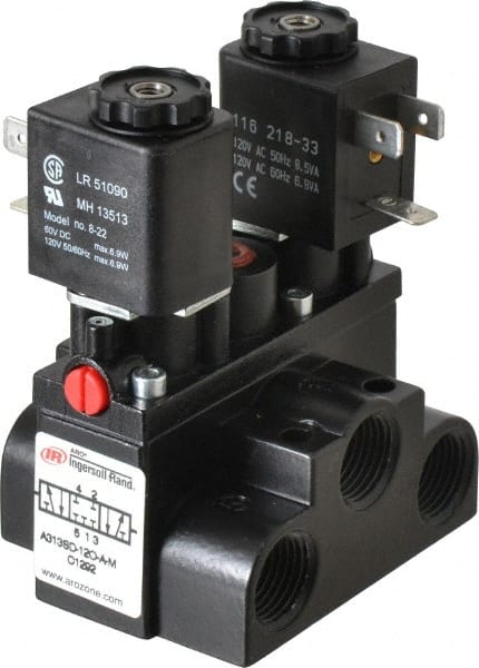ARO/Ingersoll-Rand - 3/8" Inlet x 3/8" Outlet, Solenoid Actuator, Solenoid Return, 3 Position, Body Ported Solenoid Air Valve - 120 VAC Input, 63 CFM, 1.7 CV, 4 Way, 150 psi, 4" Long x '2-1/2" Wide x 3-5/8" High, 0 to 180°F - Exact Tooling