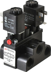 ARO/Ingersoll-Rand - 3/8" Inlet x 3/8" Outlet, Solenoid Actuator, Solenoid Return, 3 Position, Body Ported Solenoid Air Valve - 120 VAC Input, 63 CFM, 1.7 CV, 4 Way, 150 psi, 4" Long x '2-1/2" Wide x 3-5/8" High, 0 to 180°F - Exact Tooling