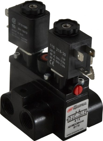 ARO/Ingersoll-Rand - 3/8" Inlet x 3/8" Outlet, Solenoid Actuator, Solenoid Return, 3 Position, Body Ported Solenoid Air Valve - 24 VDC Input, 63 CFM, 1.7 CV, 4 Way, 150 psi, 4" Long x '2-1/2" Wide x 3-5/8" High, 0 to 180°F - Exact Tooling