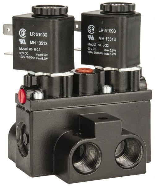 ARO/Ingersoll-Rand - 3/8" Inlet x 3/8" Outlet, Solenoid Actuator, Solenoid Return, 3 Position, Body Ported Solenoid Air Valve - 120 VAC Input, 63 CFM, 1.7 CV, 4 Way, 150 psi, 4" Long x '2-1/2" Wide x 3-5/8" High, 0 to 180°F - Exact Tooling
