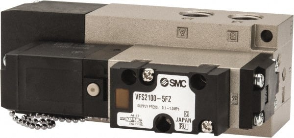 SMC PNEUMATICS - 0.8 CV Flow Rate, Single Solenoid Pilot Operated Valve - 5 Port, 2 Position, Spring Return, 1/4" NPT Inlet, 24 V - Exact Tooling