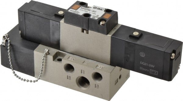 SMC PNEUMATICS - 0.8 CV Flow Rate, Double Solenoid Pilot Operated Valve - 5 Port, 2 Position, 1/4" NPT Inlet, 24 V - Exact Tooling